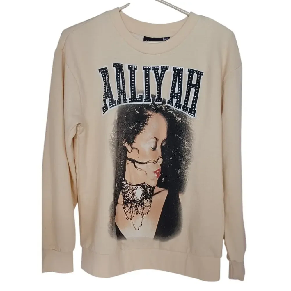 Women's Aaliyah Graphic Crewneck Sweatshirt Size Medium, Beige/Tan, Long Sleeve - Picture 1 of 8